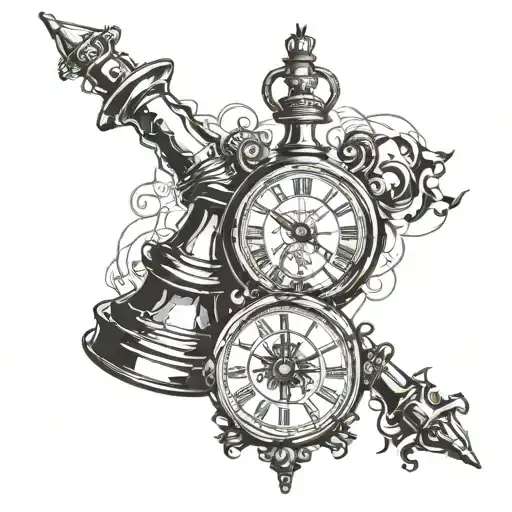Roman Numerals Clock Outline Intertwined With King And Rook Chess Piece For Top Of Arm