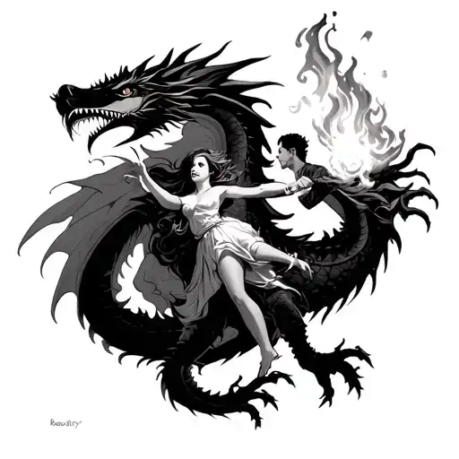 A Guy On A Dragon And The Dragon Spit Fire On A Girl