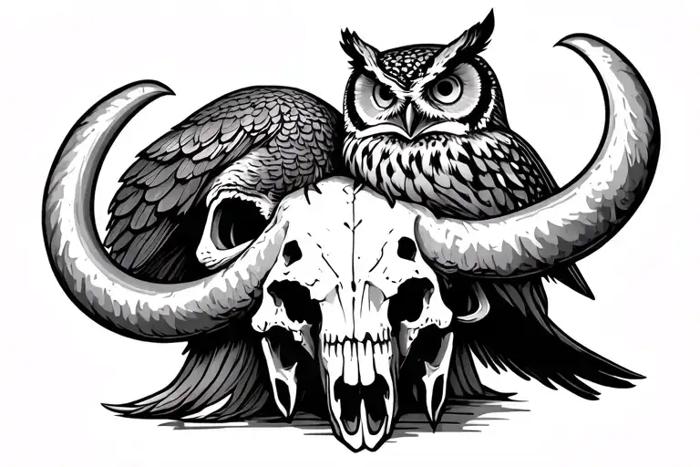 Owl Standing On Mammoth Skull Head