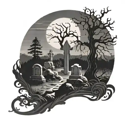 A Graveyard Landscape With A Demon Silhouette In The Moonlight