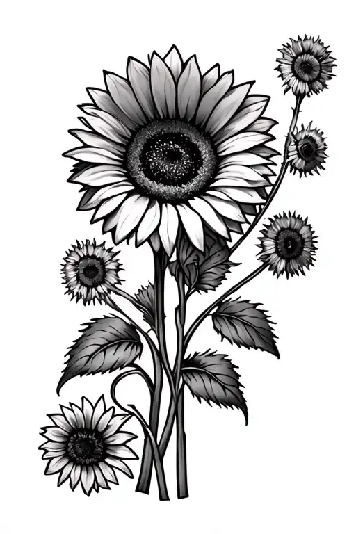 Sternum Tattoo Of A Bouquet Of Dandelions And One Sunflower