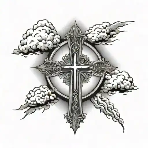 Large Religious Cross And Clouds Surrounding Them