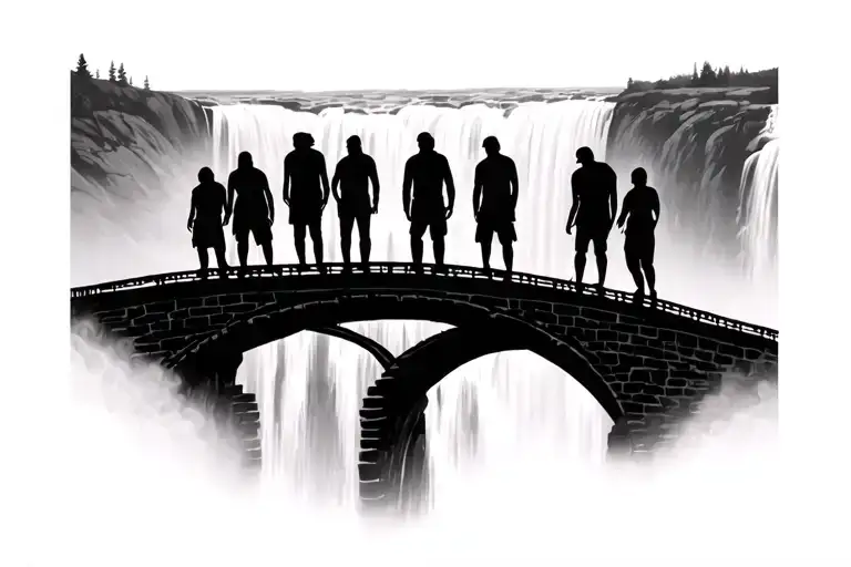 Waterfall With 7 Shadow People On A Bridge In Front Of The Waterfall