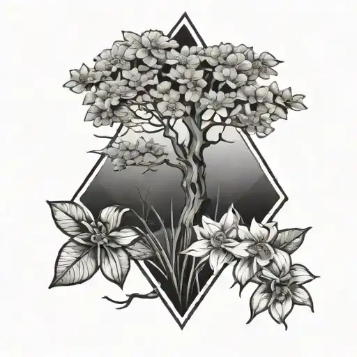 Geometric Tattoo Of Ash Tree With Daffodils And Honeysuckle