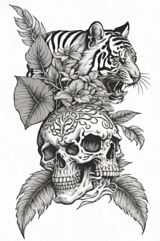 Skull And Tiger With Plant Growing