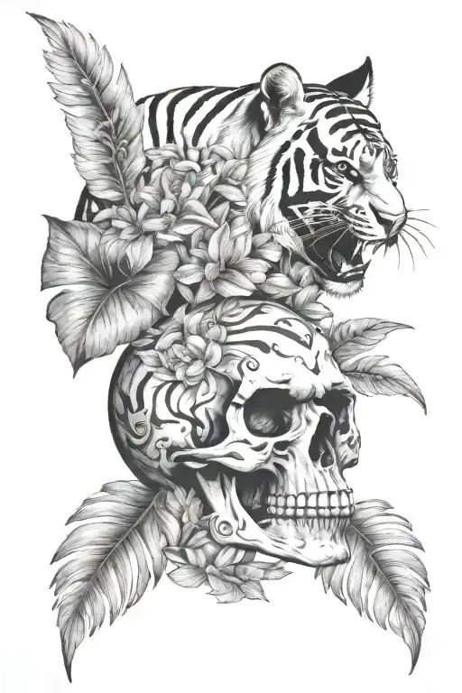 Skull And Tiger With Plant Growing