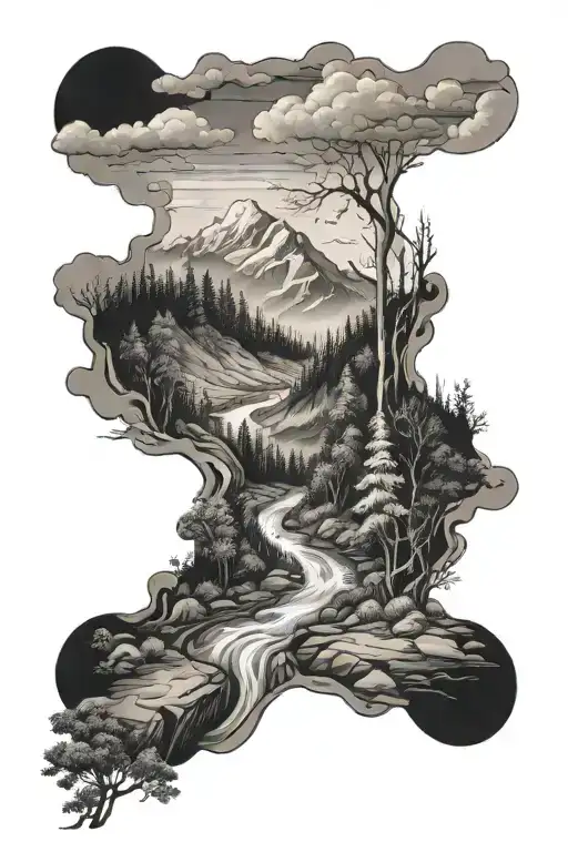 Forest Stream Running Through A Valley With Trees And Mountains Coulds