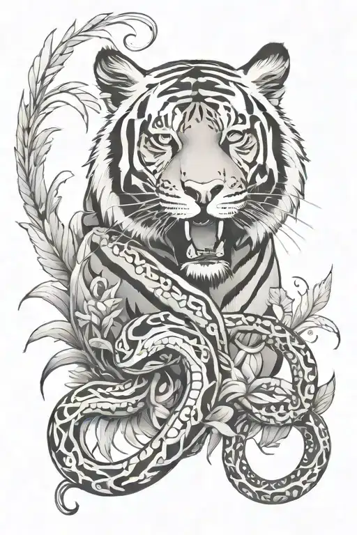 A Tiger And A Snake Tribal With Plant Growing