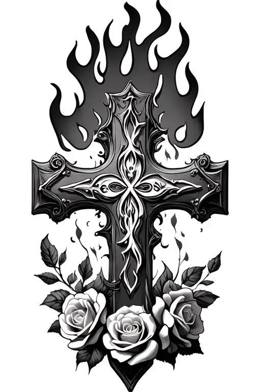 Cross With Flame On Top And Roses