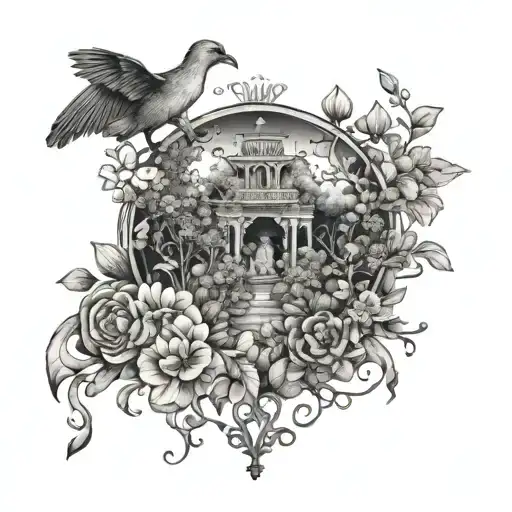 A Black And Grey Tattoo Of A Magical Garden With Familiar Animals Hidden Among The Flowers