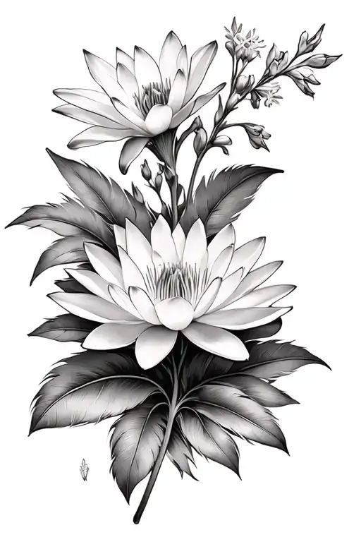 Water Lilly And Larkspur Flower Within A Feather