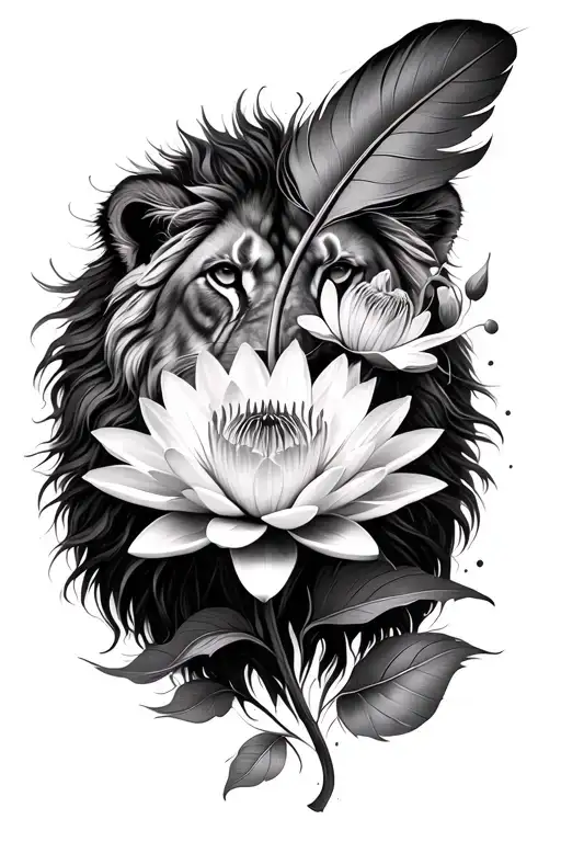Water Lilly And Larkspur Flower And A Lion Inside A Feather