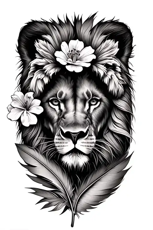 Larkspur Flower And A Lion Inside A Feather