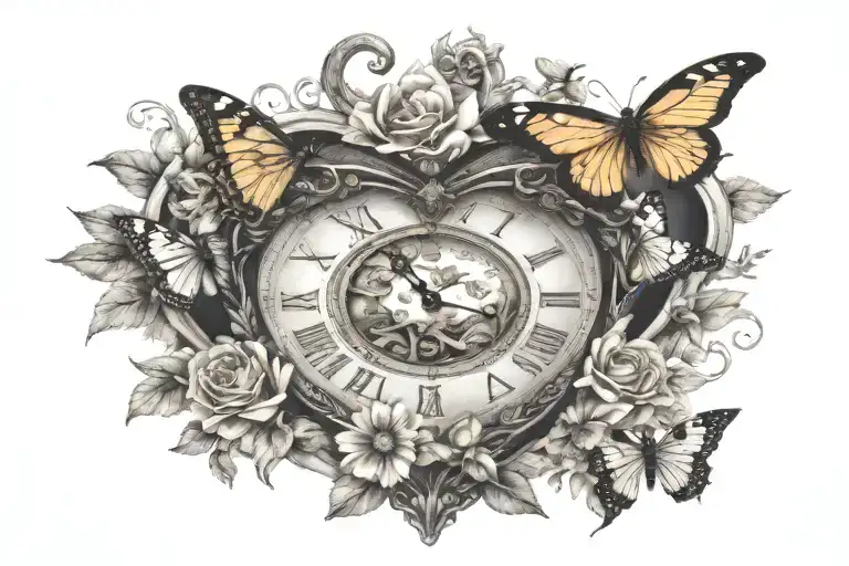Heart Shaped Clock Surrounded By Flowers Blooming With Butterflies And Dragonflies