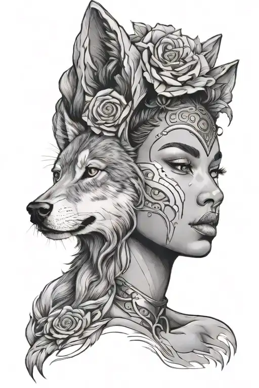 Black Woman Face With Wolf In Head Facing Forward