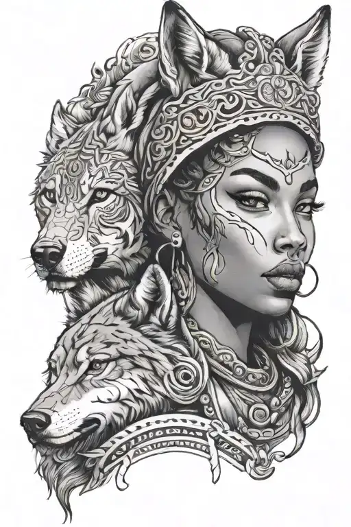 Black Woman Face With Wolf Head Facing Forward