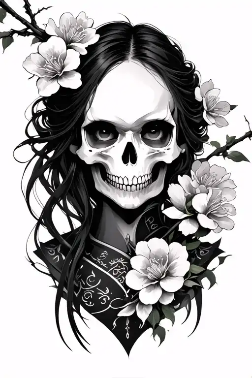 Warrior Spirit Japan Girl Half Face Skull No Eyes With Sakura