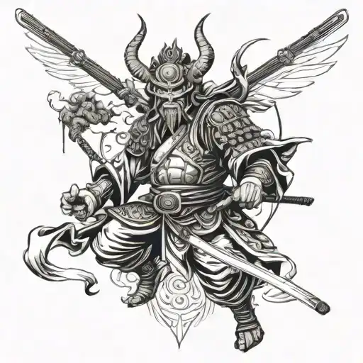 Demon Samurai With Katanas Flies To The Sky