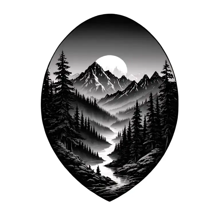 Dark Forest With Mountains In Center Surrounded