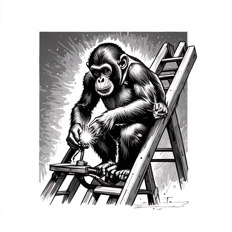 A Monkey On A Ladder Using A Gas Welding Torch To Weld An Existing Scar