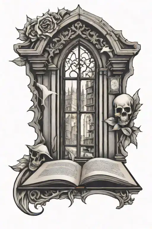 Gothic Window With Stack Of Books In Front Left