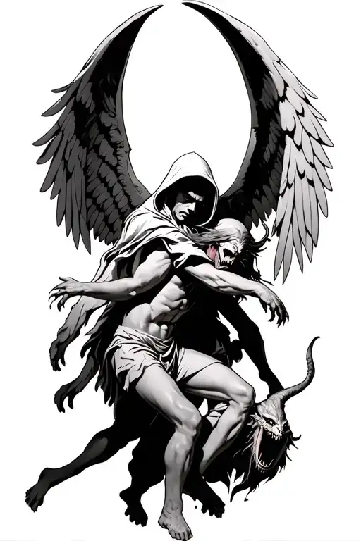 Hooded Arch Angel Defeating A Demon