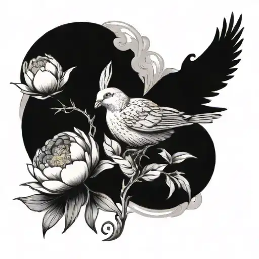 Peony Flower And Rabbit And Mourning Dove