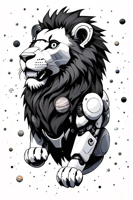 Robot Lion In Outerspace Galaxy With Planets Background
