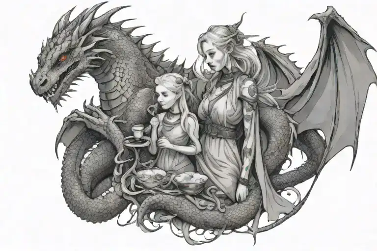 Mother Of 3 Dragons Standing In Front Of Them Eating
