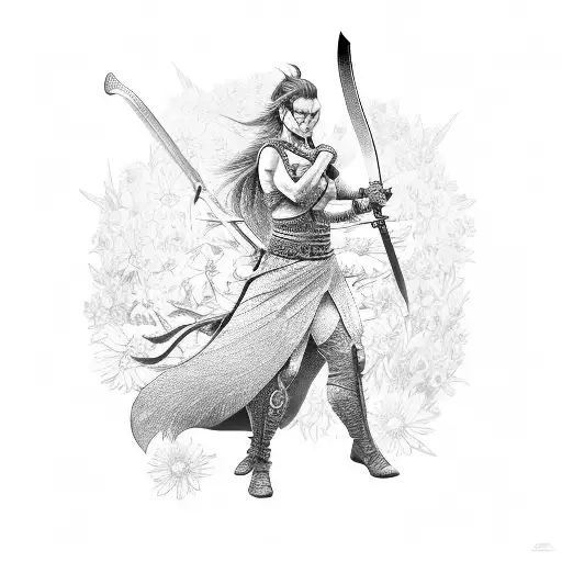 A Fierce Female Warrior Wielding A Sword Amidst A Field Of Blooming Flowers