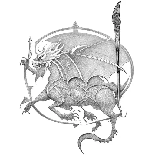 Silhouette Of Fierce Female Celtic Warrior With Hidden Face Wielding A Sword And Dragon