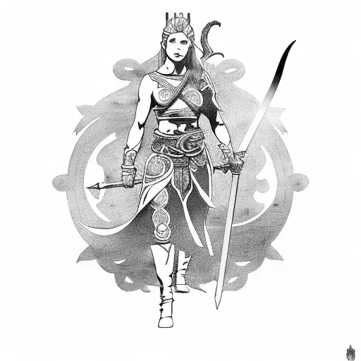 Silhouette Of Fierce Female Celtic Warrior With Hidden Face Wielding A Sword And Dragon