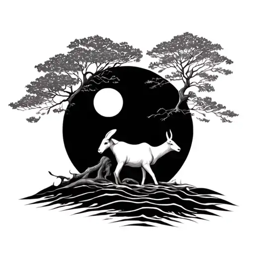 Water Sun Tree And Goat Combination