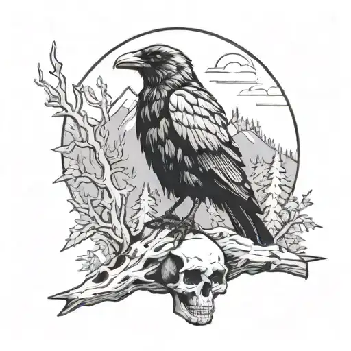 Crow Perched On Skull Forest Mountain Scene