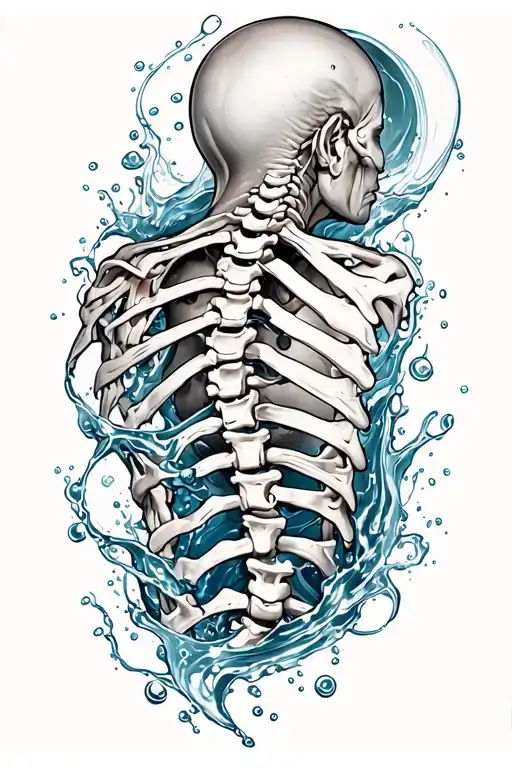 Anatomical Spine Back Tattoo With Water Wrapping Around It