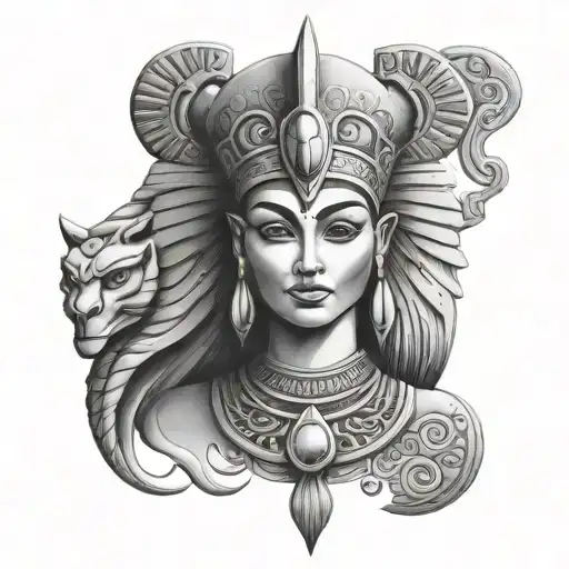 Beautiful Goddess Hathor From The Front With A Realistic Hieroglyphics Wall For A Man's Forearm