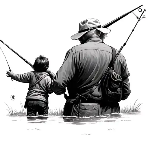 Old Man Looking Backward At The Sky With A Fishing Rod On His Back And Holding A Kid By His Hand