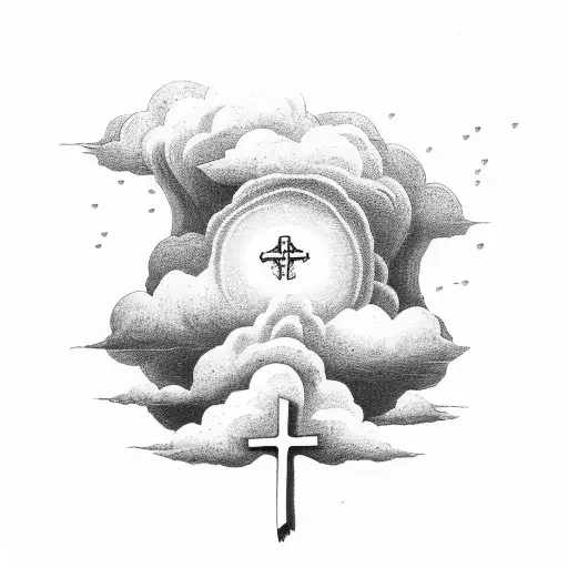 A Detailed Illustration Of A Thunderstorm With A Cross Emerging From The Dark Clouds