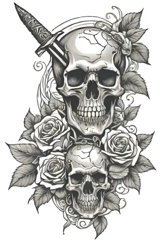 Skull And Dagger Tattoo On The Background Of A Long Rose