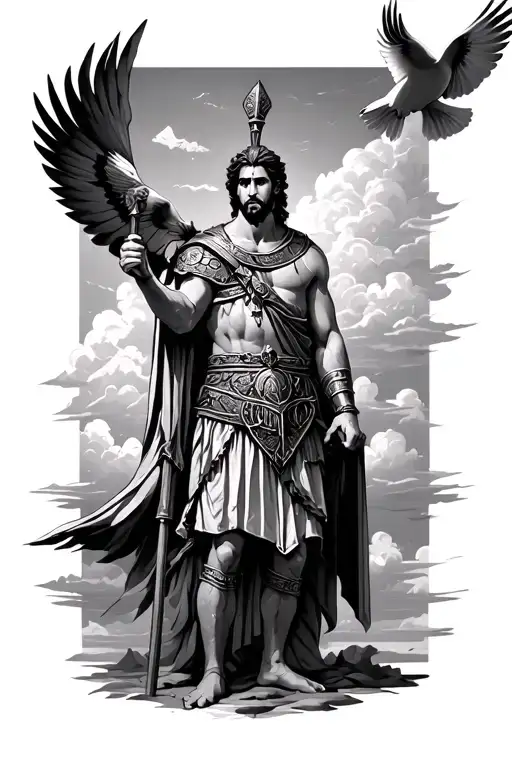 Something With A Roman Warrior And Some Clouds In The Background And A Dove