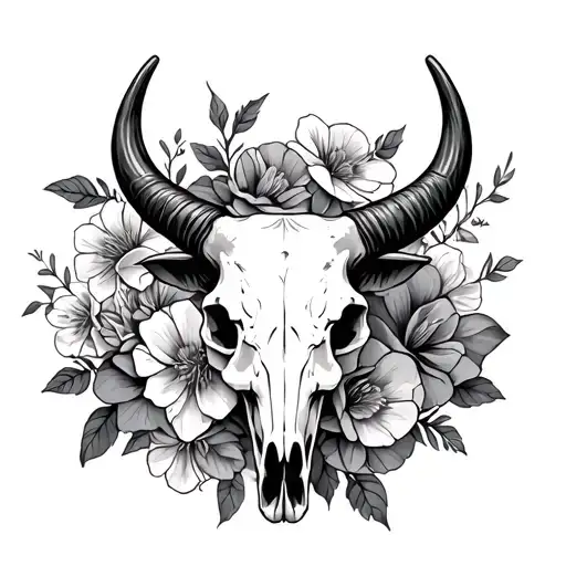 Long Horn Bull Skull Surrounded By Flowers