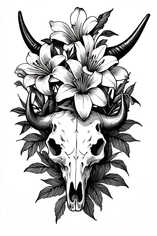 Long Horn Bull Skull Surrounded By Flowers And Lily's