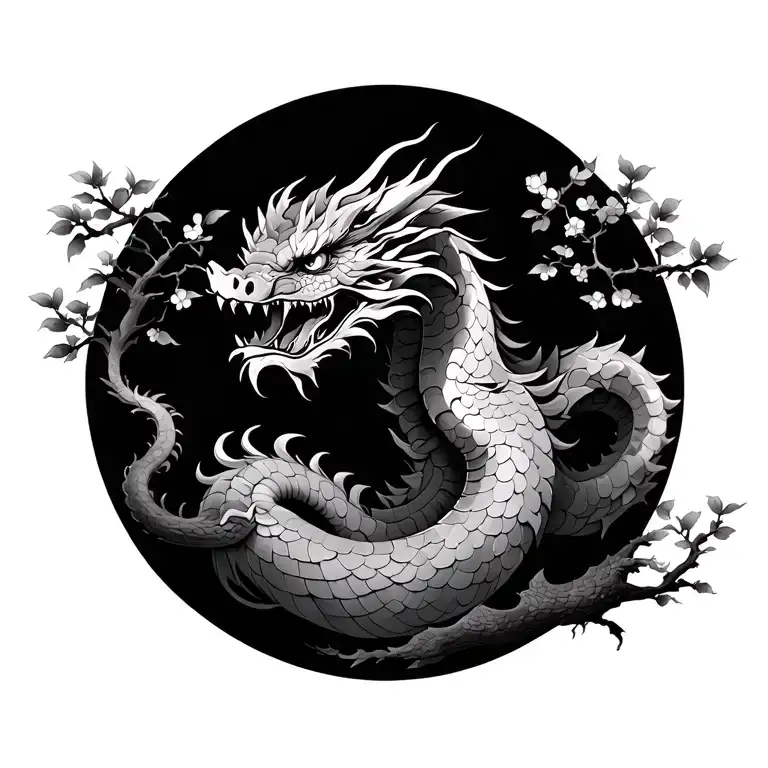 Japnese Dragon With Cherry Tree Surrounded