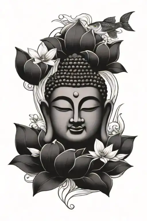Buddha Face Below Lotus Surrounded By Fishes Swimming Together