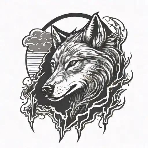 Wolf Tattoo With Lightning Storm In The Background
