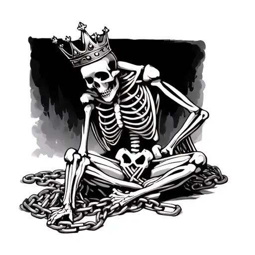 Skeleton With A Crown Being Sitting And Being Held Down By Chains