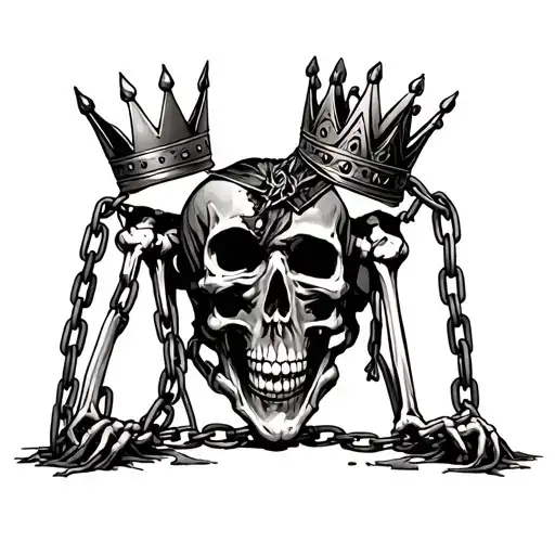 Skeleton With A Crown Attached To Chains Pulling Him To The Ground
