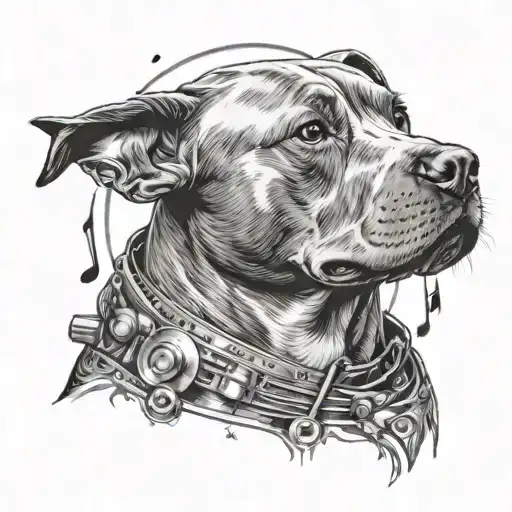 A Realistic Black-grey Tattoo Of A Pitbull Howling At A Moon Made Of Musical Notes And Instruments