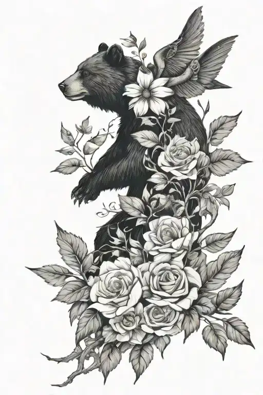 A Vine Wrapped Round The Arm With Flowers And Swallow Tail Birds And A Bear And Forest Animals