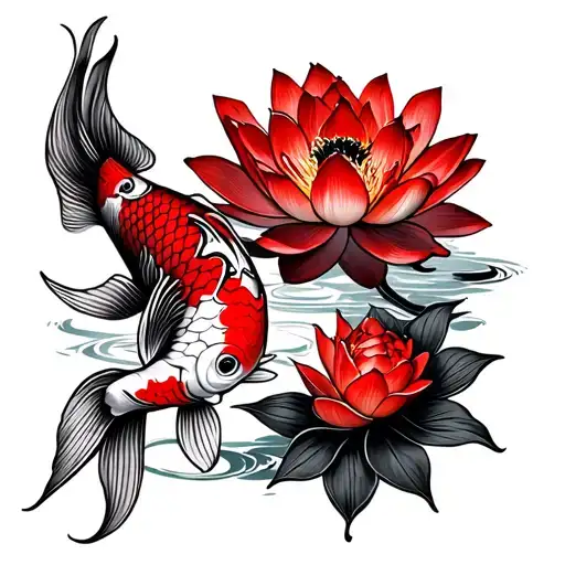 Koi Fish And Lotus Flower Wirh Red Soft Lines